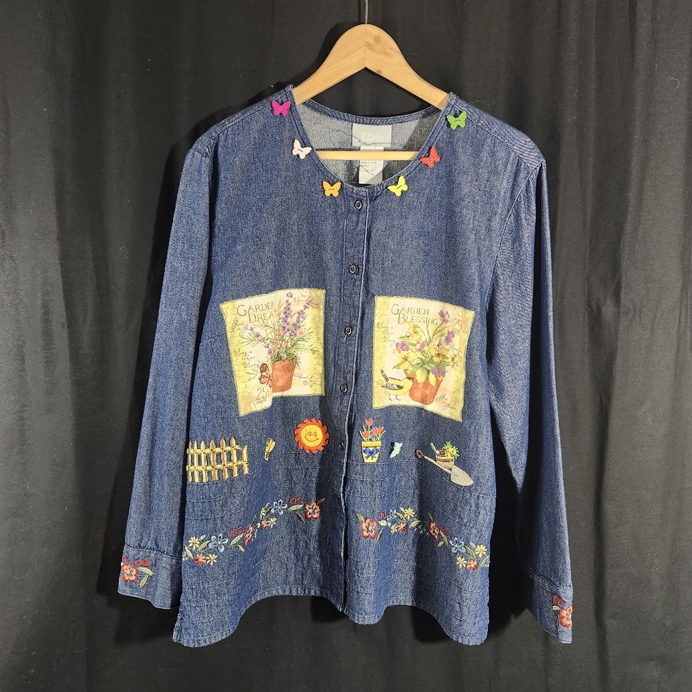 BLAIR  Denim Spring Theme Button up Shirt with Patchwork Embroidery Size Large